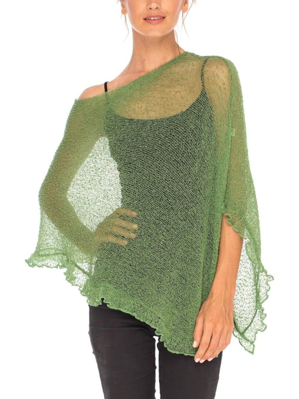Women’s Green Sheer Knit Poncho Shrug Lightweight Asymmetrical Ruffle Wraps
